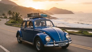 Um Fusca azul clássico dirige por uma estrada costeira sinuosa no Brasil ao pôr do sol, com montanhas e o oceano ao fundo. O carro tem um bagageiro no teto e uma placa "BAHIA 72". Duas pessoas estão visíveis dentro do carro. A cena é nostálgica e cinematográfica.